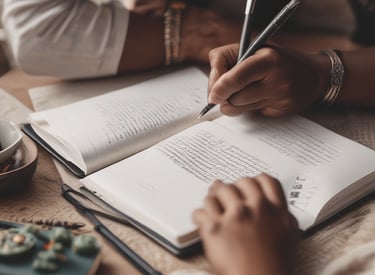 Open Bible and prayer journal on table, symbolizing daily spiritual discipline and devotion.