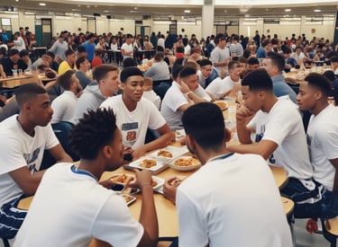 Three athletes are warming up on a grassy field, each wearing navy blue jackets and light blue shorts. They are engaged in a drill involving small orange and blue cones placed on the field. Spectators can be seen sitting in the background in a stadium setting, and advertisements are displayed on the side of the field.
