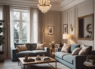 A luxurious indoor space decorated for the holiday season. A large Christmas tree adorned with lights and ornaments stands near a curtain of golden fairy lights. Elegant furniture, including armchairs and a table with a lamp, are arranged neatly. The marble flooring reflects the warm, festive lighting.