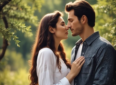A romantic moment between a couple standing closely in a tranquil outdoor setting, partially obscured by a flowing white veil. The background is filled with lush green foliage and soft, diffused sunlight.