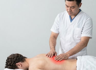 Patient receiving gentle neck therapy in a calm, soothing environment with soft natural light.