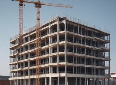Construction workers collaborating on a building site with heavy machinery in the background.