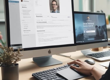 A computer monitor displays a webpage from HelpDesk Heroes, featuring a contact address and email. Social media icons including Facebook, LinkedIn, Twitter, Instagram, and Pinterest are visible. The screen also shows a Trustpilot rating. A stack of cookies is partially visible at the bottom of the image, and part of a keyboard can be seen in the foreground.