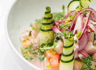 A plate of Peruvian ceviche in a restaurant in Lisbon, Portugal