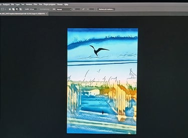 Digital art from photography of a bird flying over a bridge.