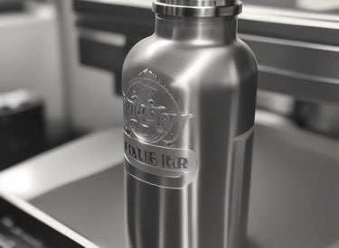 A close-up of a laser engraving machine working on a textured surface. The machine's laser emits a bright blue light, illuminating the surrounding area. The metal parts of the machine have labels and warning signs, and there are several metallic and plastic components visible.