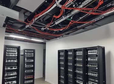 A server rack containing various network and power management devices. The devices feature buttons, switches, and digital displays, indicating active usage and monitoring capabilities. The rack has a black metal mesh design for ventilation.