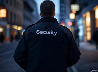 A uniformed private security guard patrols a city street at night to provide urban safety and protection.