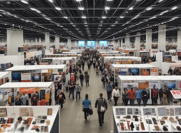 A humanoid robot with large, expressive eyes stands prominently, capturing attention in a tech event setting. People in business attire are visible in the background, engaged in conversation and examining displays. The scene is vibrant with a backdrop that features the phrase 'Connected All Over Europe' in bold pink lettering.