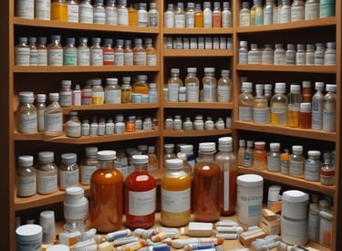 Several glass jars containing dried herbs and plant material are arranged on a countertop. In front of the jars, there is a rolled cigarette or joint labeled 'RAW' lying next to some loose herbs or cannabis buds.