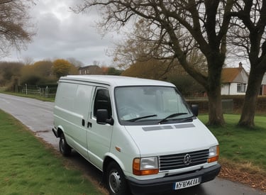 A large industrial component is being transported on a multi-axle trailer along a rural road surrounded by dense greenery. The component is covered with a bright blue tarp, indicating protection during transit. Two trucks are involved in the transport, with one leading and another following the trailer.