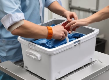 A medical courier with a secure package in a hospital setting.