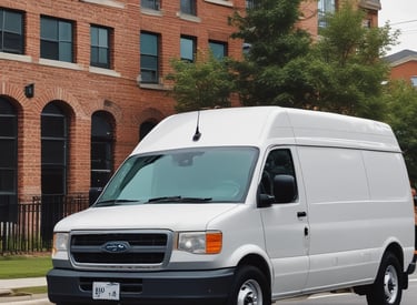 A delivery van parked in front of a modern office building.