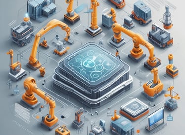 Modern factory floor with automated robotic arms operating.