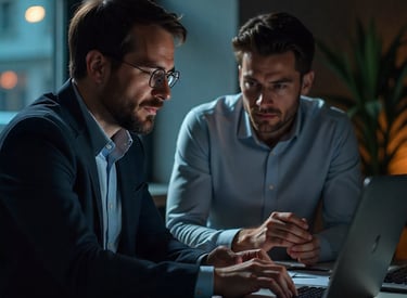 two men sitting at a table with laptops