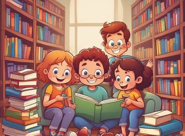 A whimsical scene of children reading a book together.