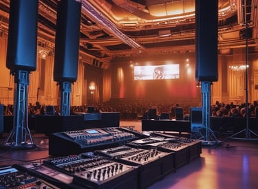 A modern audiovisual setup showcasing screens and lighting at an event.
