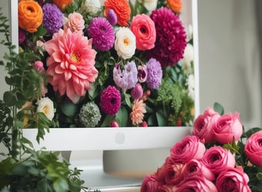 A modern workspace with a laptop displaying a vibrant floral website design.