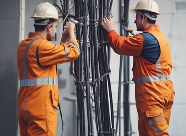 Electrician installing wiring in a modern commercial building.