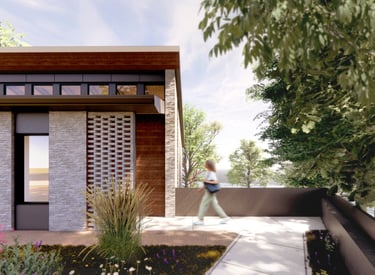 Exterior of a home, with a brick screen wall and wood accents