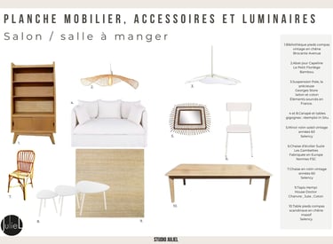 planche mobilier accessoires et luminaires pour le salon salle à manger rénovation maison vendée
