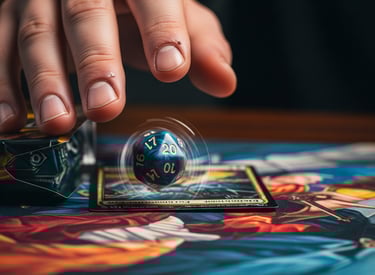 Hand rolling a die (D20) onto a Magic: The Gathering card and playmat, representing a games button