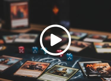 Live stream button: Play icon over Magic: The Gathering cards, for MTG live streams