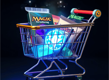 Shopping cart filled with Magic: The Gathering booster packs, icon for online MTG shop