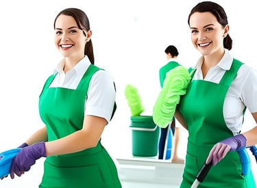 two women in green aprons and gloves holding a cleaning brush