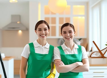 two women in green aprons and green aprons