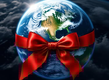 The planet earth with a red bow around it
