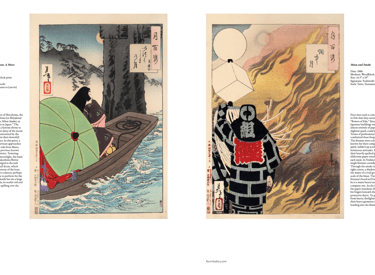 two-page spread showing two woodblock prints by yoshitoshi and the captions