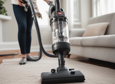A person in protective suit cleans a carpet.