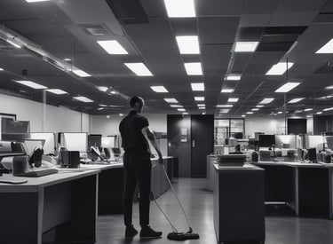man cleaning on floor beside white wall
