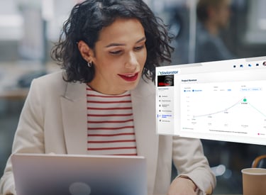 Female financier at laptop with overlayed Stelarator dashboard page showing revenues, with AI comments
