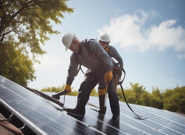 Photo of a technician installing solar panels on a residential roof under a clear blue sky