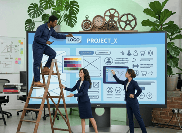 A creative team collaborates on a large touchscreen monitor to design a website wireframe in a modern office.