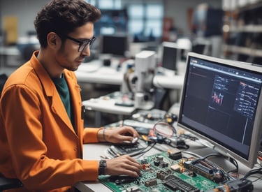 Hands are manipulating a small mechanical assembly, which includes metal and plastic components. The setup seems to involve green gears and metallic rods, indicative of a robotics or engineering-related activity.