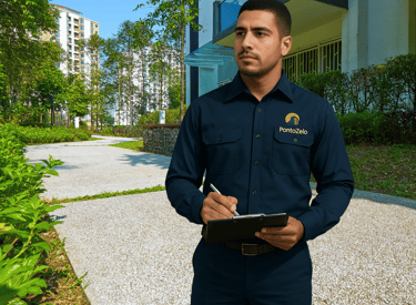 zelador com prancheta verificando serviços do condomínio.
