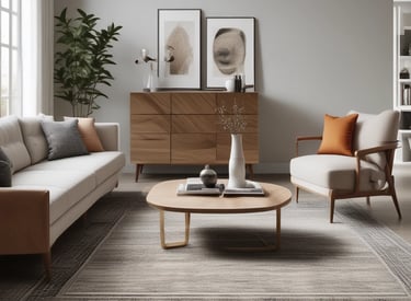 A display area featuring a collection of intricately patterned rugs in various colors and designs. A dark green leather sofa is placed at the center with several hanging light bulbs above it, providing a cozy atmosphere. There are leafy green plants adding a natural touch, and an assortment of small decor items are arranged on the rug-covered platforms.