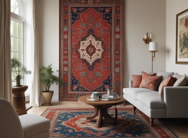 A collection of colorful, intricately patterned rugs with geometric designs hangs vertically. The rugs display a variety of colors including red, brown, black, and blue, and appear to be handmade with traditional motifs. Positioned towards the left, a few plush toys are visible, adding a playful element to the scene.