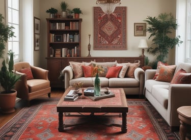A collection of colorful, intricately patterned rugs with geometric designs hangs vertically. The rugs display a variety of colors including red, brown, black, and blue, and appear to be handmade with traditional motifs. Positioned towards the left, a few plush toys are visible, adding a playful element to the scene.