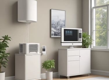 A white Amazon device, possibly a smart speaker, is positioned in the center with a soft focus on colorful LED strip lights forming an arch around it. The LED lights display a gradient of colors including purple, pink, blue, and green.