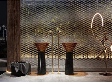 a room with a lamp and a lamp on a table