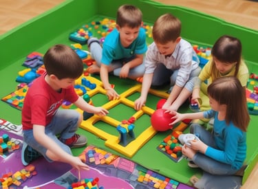 A large indoor playground with a giant figure resembling a child wearing a backpack, standing next to a large, twisting slide. The room has yellow walls with blue window graphics and a clock, and there are people using an escalator on the right. Additionally, there are toys and play structures on the green floor.