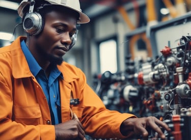 An industrial power substation with a complex network of transformers and electrical components interconnected by various wires and metal structures. The scene is composed of metal towers, insulators, and other electrical equipment situated on a gravel-covered ground, with some greenery visible in the background.