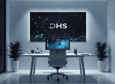 AI marketing workspace showing holographic data visuals used by Digital Horizon Studio.