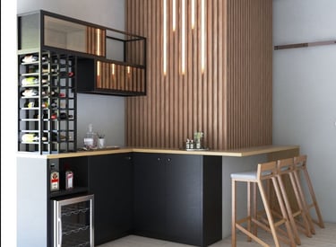 a kitchen with a bar stool and a bar stool