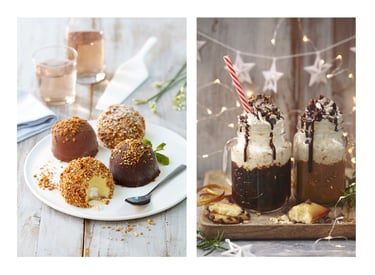 photo de dôme au chocolat glacés et mug jare chcolat dégoulinant et chantilly