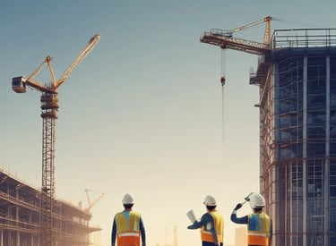 A construction site with cranes and workers in action.